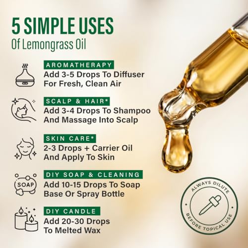 Image of 100% Pure Lemongrass Oil - 4 Fl Oz Lemongrass Essential Oil for Hair, Skin, Diffuser, Aromatherapy & DIY Soap Making Scent