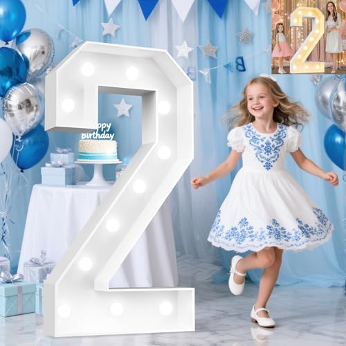 Image of Pooqla 4 FT Light Up Marquee Numbers 2, Cool White and Warm White LED Large Lighted Marquee Numbers, Giant Mosaic Light Up Numbers Gift for 2nd 20th 21st Birthday Party Decoration