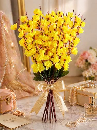 Image of ARTSY Artificial Flowers Bunch for Decoration Cherry Blossom, Ideal for vase, Home, Office Decor, Gifts, Craft, Artificial Plants for Decoration, Without vase, Yellow, Combo, 2 Piece, 55 cm Height