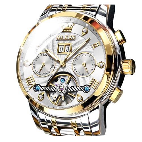 Image of OLEVS Men Automatic Watch Skeleton 5 Hands Mechanical Classic Luxury Multi Calendar Stainless Steel Waterproof Wrist Watch for Men
