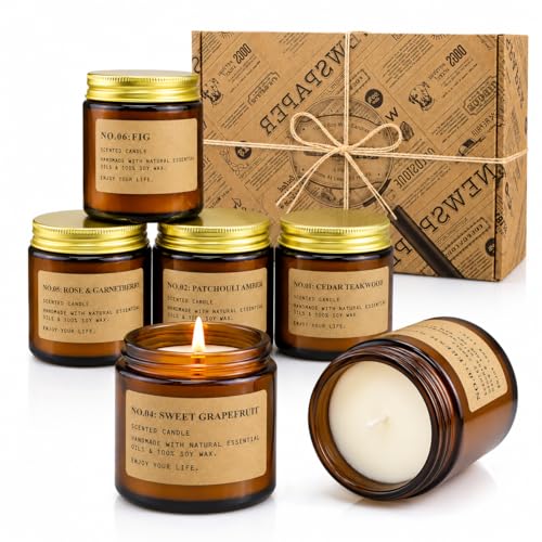 YINUO LIGHT set regalo de velas aromáticas para mujer, pack de 6 velas perfumadas de cera de soja en vidrio ámbar, 6 fragancias, regalo para mujer mamá amiga, cumpleaños Navidad Día de la Madre