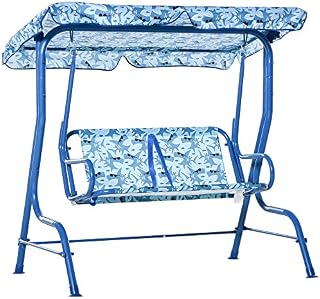 Outsunny Kids Two-Seater Swing Chair Double Garden Seat w/ Belt Adjustable Canopy Fun Toddler Glider Hammock Lounge Backyard Blue