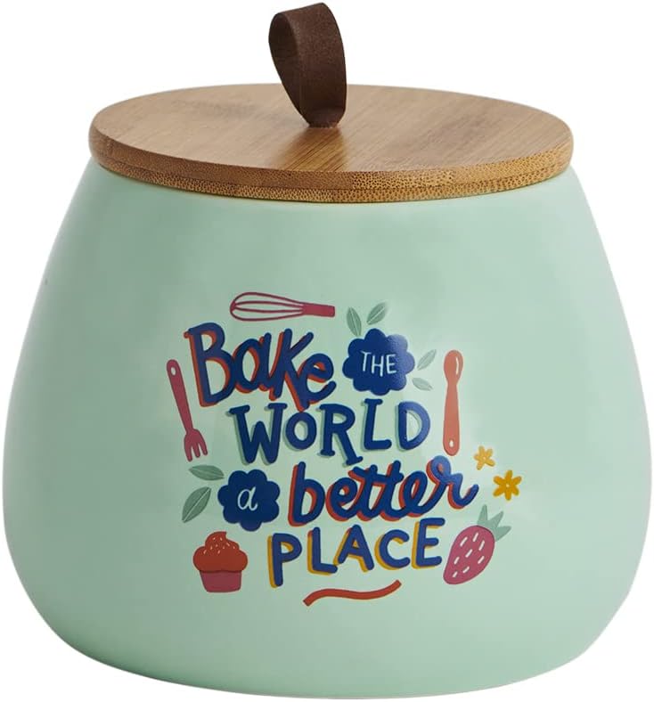 Chumbak Light Green Ceramic Storage Jar with Wooden Lid 1000ml – Airtight Kitchen Container for Snacks, Sugar, Tea, Coffee, Dry Fruits & Multipurpose Food Storage