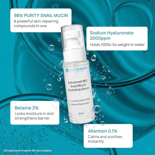 Image of SkinKraft Advanced 98% Snail Mucin Hydrating Serum | All Skin Types | 50ml | Korean instpired glass-skin serum | Sodium hyaluronate & betaine | Hydrates, plumps & smoothens skin