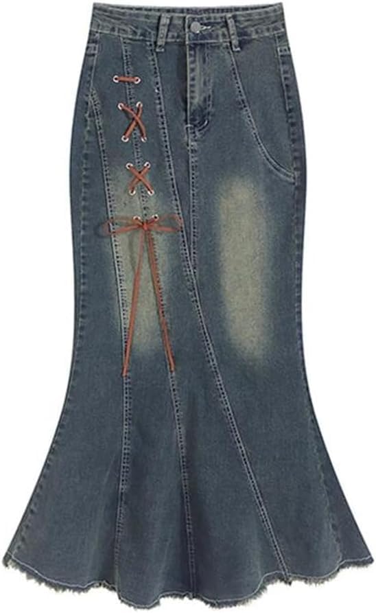Women's Vintage Denim Long Skirts Lace-Up Trumpet Ankle-Length Skirt2