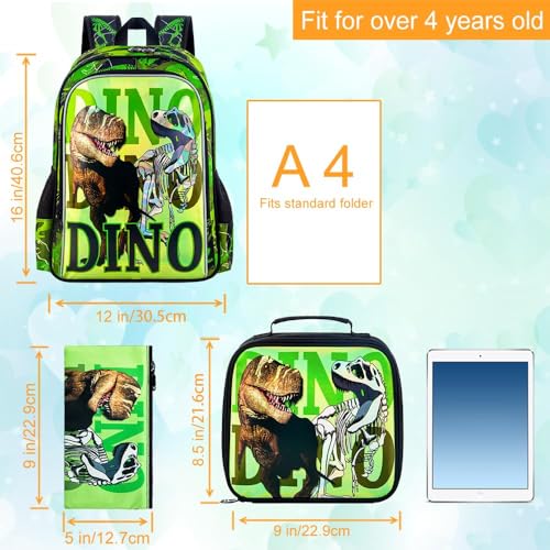 Image of CCJPX 3PCS Dinosaur Backpack for Boys, 16 Inch Kids Water Resistant Preschool Bookbags, Cool Kindergarten School Backpacks and Lunch Box