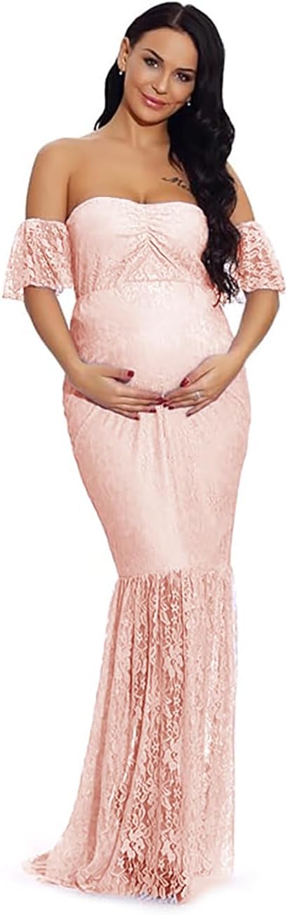 ZIUMUDY Women's Off Shoulder Ruffle Sleeve Lace Mermaid Maternity Baby Shower Gown Maxi Photography Dress