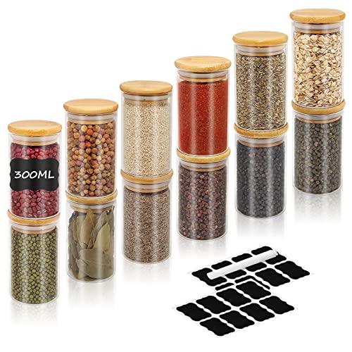 Bocaux en Verre Lot de 12, 300ml Pot a Epices en Verre, Bocal Epices avec Couvercle en Bambou, Bocaux Rangement Cuisine Verre Bocaux Epices