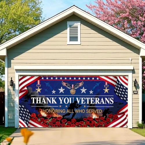 Garage Door Cover Patriotic Thank You Veterans Banner Military Tribute Decoration Honoring All Who Served for Veterans Day Memorial Day Outdoor Garage Display 157x71 Inch