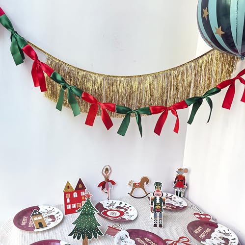 Image of Bow Knot Garland | 6ft Linking Satin Bow Banner with 3ft Extend Ribbon for Coquette Bachelorette Party, Baby Shower,Bridal Shower Wedding Baby Room Bed Decor (Red & Green, 6ft)