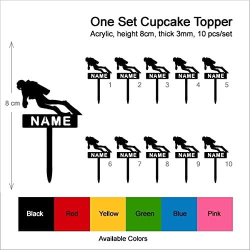 TA0063 Diver Silhouette Party Wedding Birthday Acrylic Cupcake Toppers Decor 10 pcs with Personalized Your Name