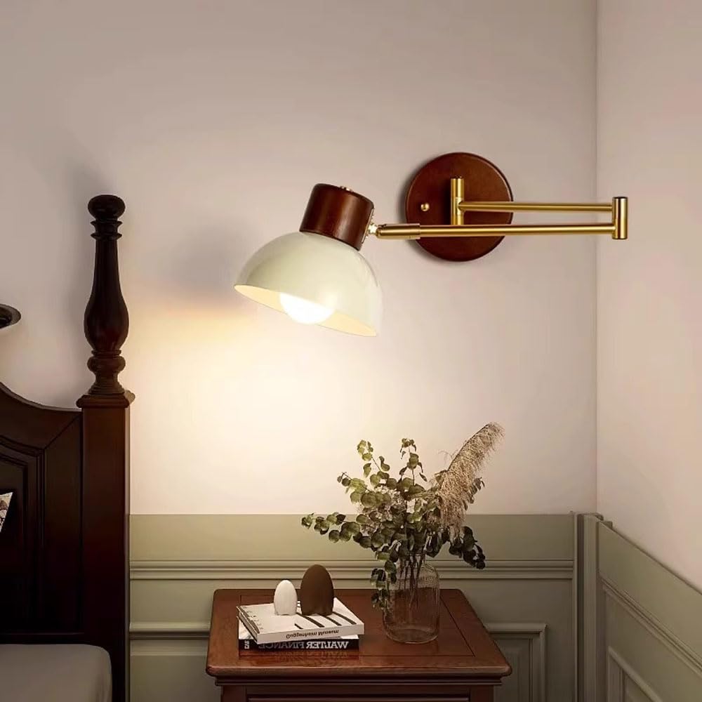 Lámpara de pared de cabecera de madera nórdica, aplique de pared con brazo oscilante dorado, cabecera ajustable flexible, iluminación de lectura, pantalla de metal crema, accesorio de iluminac