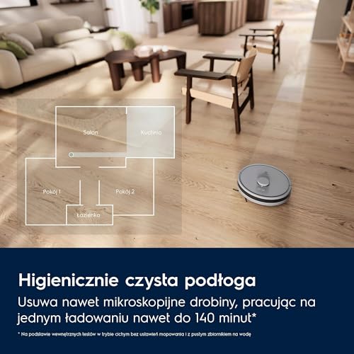 Electrolux Robot Sprzątający Hygienic 700 ER71HW1UG, Mapowanie podłóg LiDAR, Mocne ssanie 4000 Pa, Kompatybilny z WiFi 2,4 GHz na iOS i Androidzie, 175 minut, 0,28L, 140 m², Miejski Szary