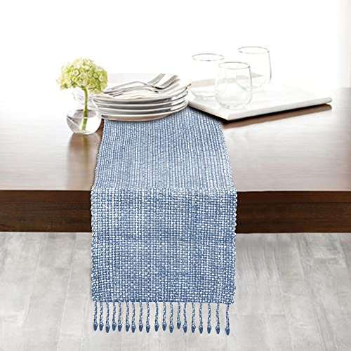 Gratico, 100% Cotton Two Tone Table Runner,14''X 72'' Over Sized Indigo Blue/Natural With Fringes, Every Day Use Heavier Quality #TOP1