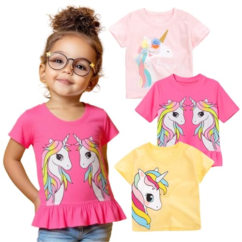 Girl Short Sleeve Tee Shirt Unicorn Cotton Casual Crewneck Graphic Tops T-Shirts Pink Yellow 3 Packs Sets Size 7