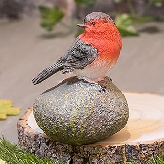 SA Products Robin Perched on Stone Garden Ornament - Red Breast Bird Design - Indoor or Outdoor Garden Decorations - Hand Painted Home Decoration Statues for Patio, Backyard, Front Lawn
