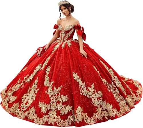 Fuomomo Vestido de quinceañera de Tul Brillante con Lazo Precioso Vestido de Baile con Apliques Dorados, Vestidos de quinceañera MT061