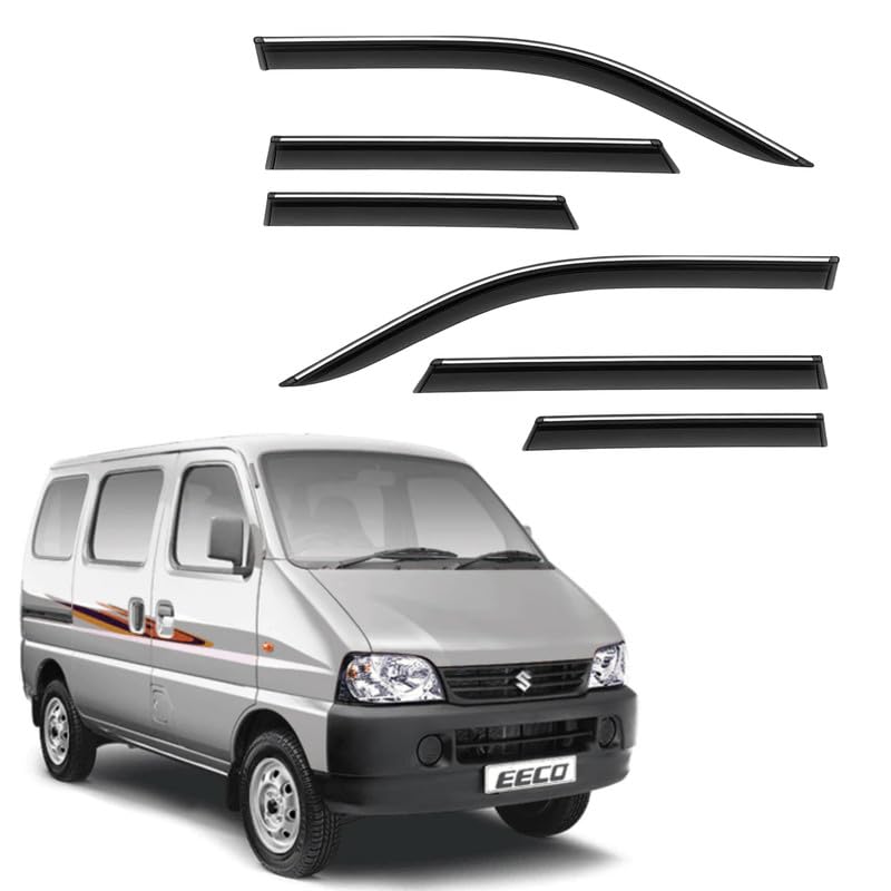 Image of CAR SAAZ Side Door Visors for Eeco (2010-2022) (Set of 6Pcs)|Chrome Lined Rain Guards, Polycarbonate, Smoke Finish