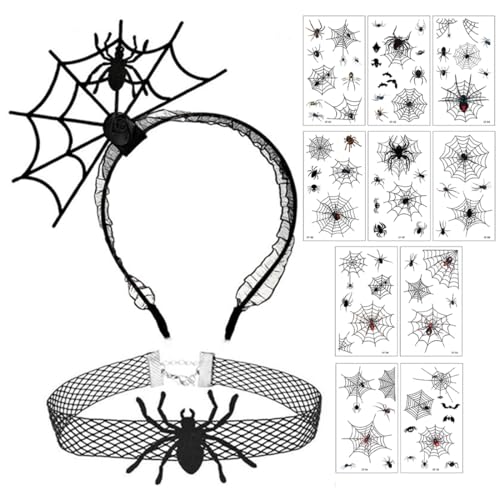 WUSJCOF Diadema Halloween Mujer con Araña, Complementos Halloween Mujer con Collar y Tatuajes para Niñas y Mujeres para Fiesta de Disfraces