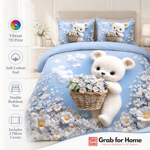 Image of Grab for Home 7D Digital Printed Kids Double Bedsheet Set with 2 Pillow Covers | 90 x 100 Inch | Cloud Cotton Soft & Breathable Fabric | Colorful Bedding for Kids Room (Blue)