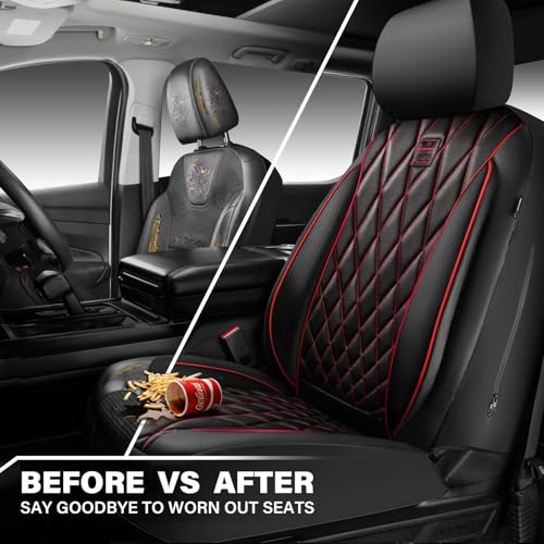 Image of CAR PASS Piping Luxury PU Leather Two Front Car Seat Covers, Waterproof Anti Slip Seat Covers Compatible with Front Seat Armrests,Universal Fit for Suvs,Vans,Trucks,Airbag Compatible(Black and Red)