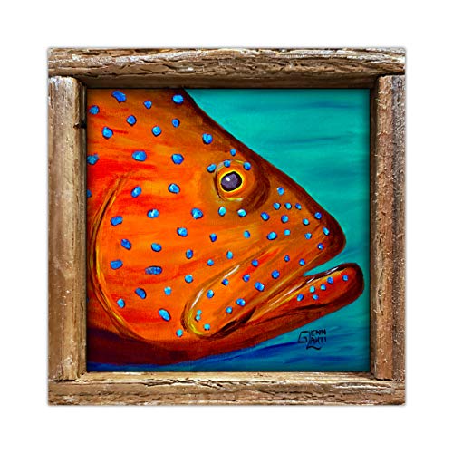 Coral Grouper | Original Art Print on a 4.25 x 4.25 Glossy Ceramic Tile Framed in Lobster Trap Frame