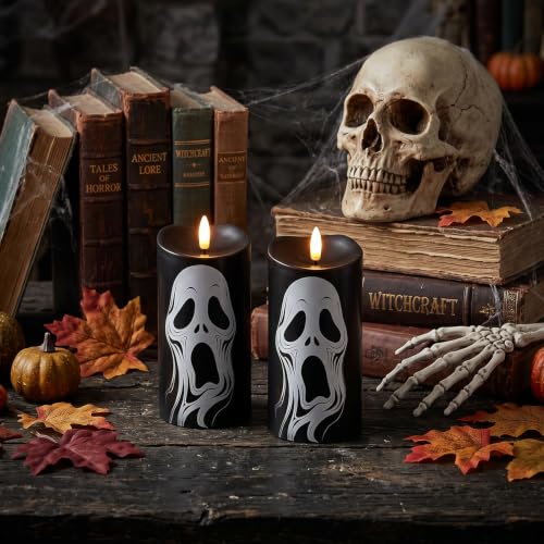 Image of Halloween Black Flameless Pillar Candles with Ghost Decals, 2PCS