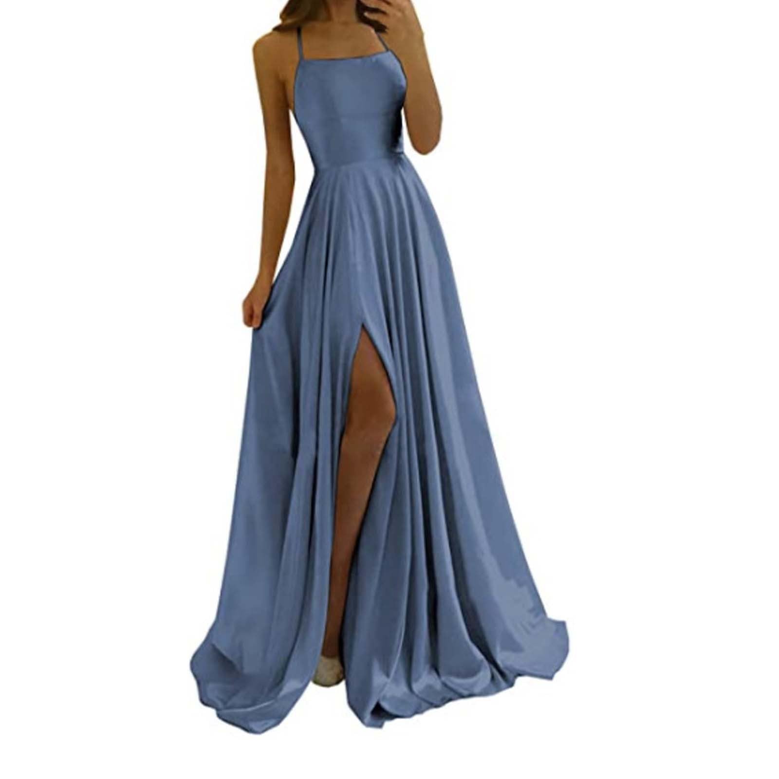 Abendkleid Damen Lang, Spaghettiträger Kleider Damen Rückenfrei- Chiffon Kleid Damen mit Schlitz Sexy Maxikleider Abendkleider Elegant Hochzeit Gast Ballkleid Partykleid Abiballkleider Frauen