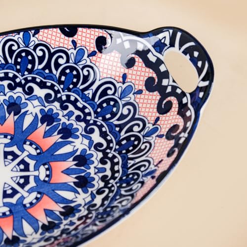 Image of Nestasia Set of 2 Blue Mandala Design Ceramic Serving Platter with Handles for Snacks, Appetizers, Salads, and Noodles | Microwave Safe, Dishwasher Safe (10.8 Inch)