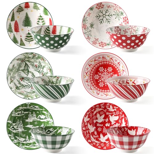 Metahom Christmas Soup Bowls, 23 Oz Cereal Bowl Set for Kitchen, Deep Ceramic Bowls for Salad, Dessert, Pasta, Ice Cream, Dishwasher and Microwave Safe, Set of 6