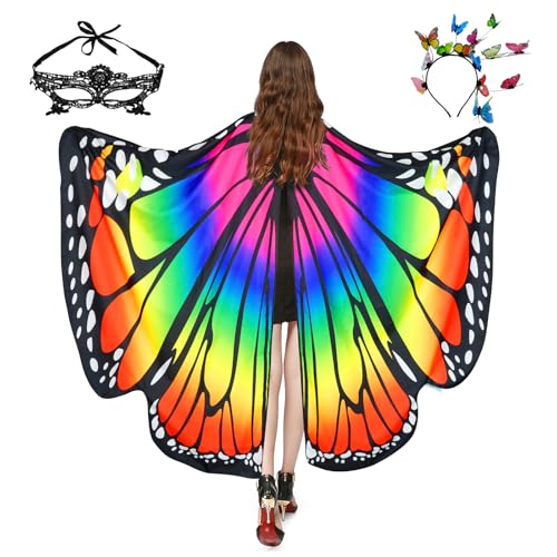 Sunlisky Disfraz de Mariposa Señoras Mariposa Diadema Máscara de Mardi Gras Mantón de Alas de Mariposa con Rhinestone Imprimir Collar Alas de Hada (Grande-mariposa Multicolor)