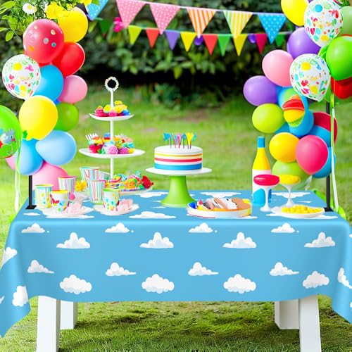 Image of 2 PCS Blue Sky and White Clouds Tablecloth Birthday Party Supplies 54 x108 Inch Cartoon Story Table Cloth Plastic Sky Clouds Backdrop Tablecover Cartoon Table Banner for Baby Shower Boy Girl Birthday