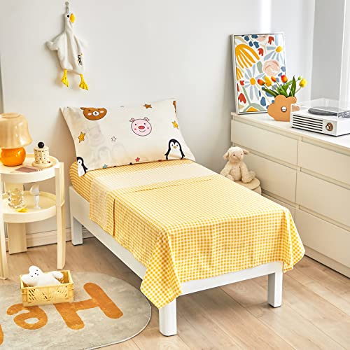 Image of Flysheep 4 Piece Colorful Beige Toddler Bedding Set Happy Animals Printed for Baby Boys and Girls - includes Quilted Comforter, Flat Sheet, Fitted Sheet & Pillow Case, Soft & Comfortable Microfiber
