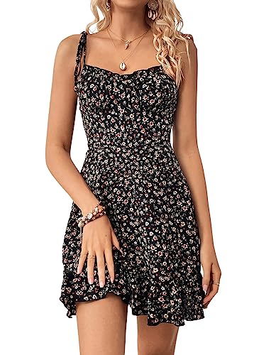SweatyRocks Women's Boho Floral Print Tie Shoulder Cami Mini Dress A Line Ruffle Hem Short Dresses