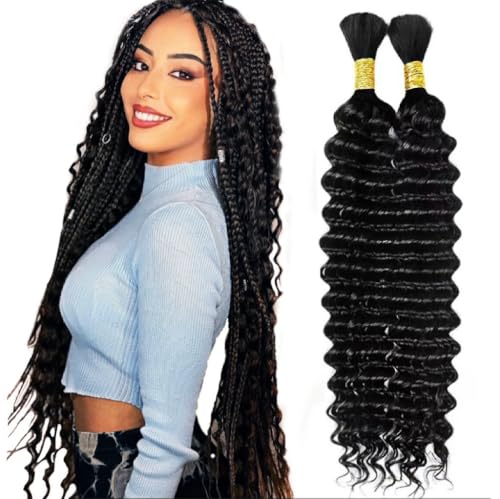 MUNONG Human Braiding Hair Boho Braids Human Hair Deep Wave Bulk Human Hair for Braiding 100g 16 inch No Weft Curly Braiding Hair Bulk Hair Extensions Real Human Hair Natural Color