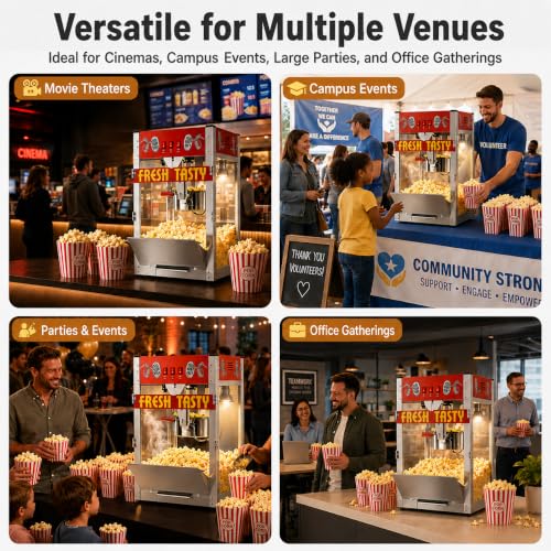 Image of 38 Oz Commercial Popcorn Machine, Large Popcorn Maker Machine, Movie Theater Countertop Pop Corn Machine with 3-Switch Control & Tempered Glass Doors, Red
