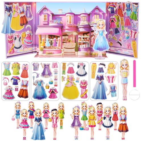 Yuzee Magnetic Dress Up Dolls for Girls - Paper Doll Dress Up Game Stickers - 35 Piece Roleplay Magnetic Travel Playset, with 3D Store Wardrobe Game Scene, Paper Dolls for Girls Ages 4-7 (Amy)