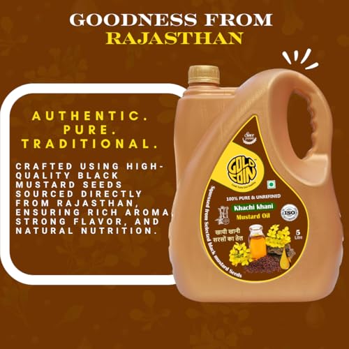 Image of GOLD COIN Wood Cold Pressed Mustard Oil 5 Litre | Kacchi Ghani Sarso Ka Tel | Black Mustard Seeds | A1 Grade | Unrefined | Omega-3 ALA | 0 Trans Fat | Pure Cooking Oil for Frying, Pickling & Daily Use