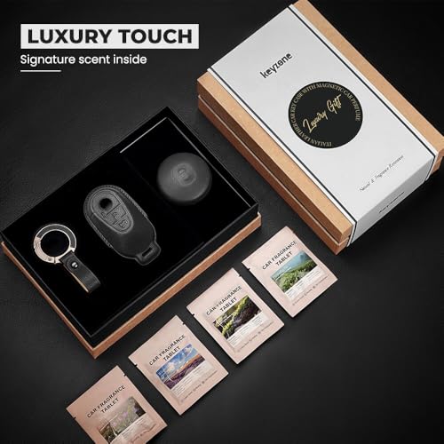 Image of Keyzone Premium Leather Key Cover & AC Vent Car Perfume Combo (4 Fragrances) | Compatible for Mercedes Benz S-Class, G-Class, E-Class 2022 Onwards 3 Button Smart Key (Black)