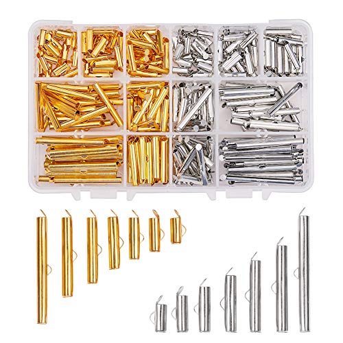 PH PandaHall 240pcs 7 Size Slide On End Clasp Platinum & Golden Tubes Slider End Caps Crimp End Tube for Multi-Strand Necklace Bracelet Jewelry Making
