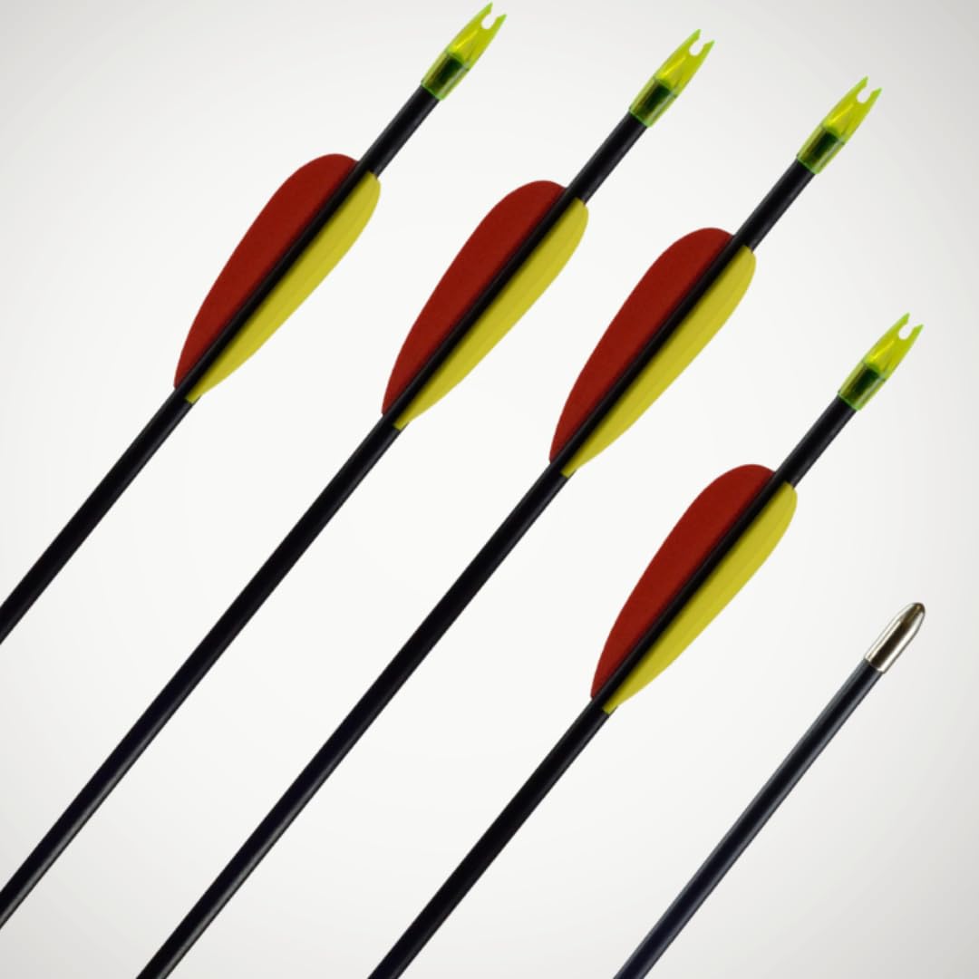 BLACK BOLT Fiberglaspfeile 32 Zoll für Lang- und Recurvebögen bis 30 lbs | 10er Set mit gelb-roter Kunststoffbefiederung, abgerundeter Blechspitze, Kunststoffnocke