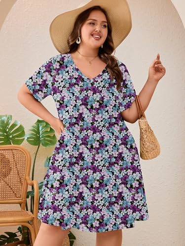Image of AusLook Plus Size Midi Dress for Women Loose V Neck Short Sleeve Summer Casual A Line T Shirt Sundresses with Pockets 1X-5X