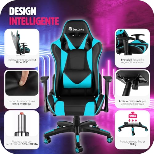 ® Poltrona da Ufficio Ergonomica, Sedia Gaming con Braccioli Imbottiti, Doppie Rotelle Resistenti, Struttura Robusta, Regolabile, Portata fino a 120 kg - Nero/Azzurro - Sedia gaming - Immagine 6