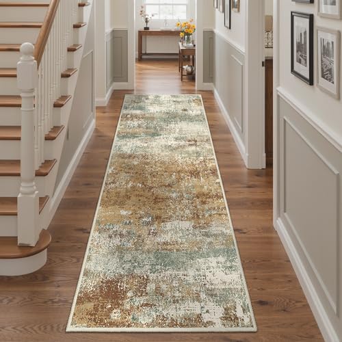 Image of BEIMO Runner Rug for Hallway Kitchen, 2'6 inchx6' Machine Washable Runners Rug for Entryway, Soft Modern Abstract Throw Rugs, Low Pile Floor Cover with Non Slip Backing, Orange Green