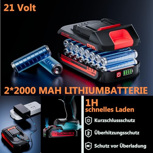 Olubfdh Akkuschrauber, 21V Akku Bohrschrauber mit 2 Akkus 2000mAh und Ladegerät 45Nm Drehmoment Max 25+3 Drehmomentstufen (2-Gang & LED) für Haus und Garten DIY Projekt (Blau) 4