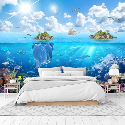 Cliouar-Underwater World, Sailboats, Seagulls, Dolphins, Islands on The sea Wall Mural wallpaper-103 x 69