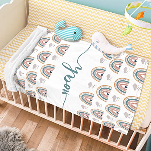 Image of Custom Baby Name Blanket, Personalized Baby Blanket with Boho Rainbow and Hearts, Customized Christmas Birthday Expecting Mom Gift for Baby, Easter Showers Gifts for Kids Girls