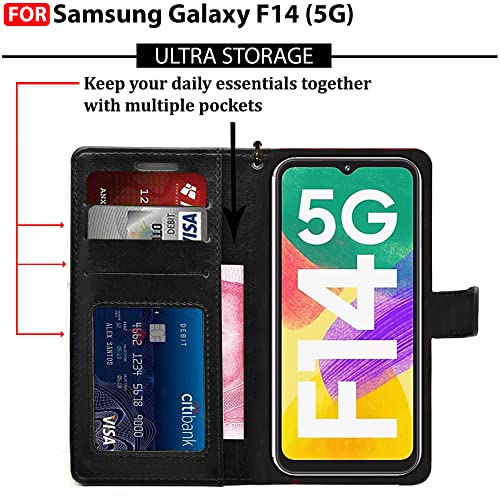 Image of CEDO Flip Cover for Samsung Galaxy F14 (5G) | Leather Finish | Inside Pockets & Inbuilt Stand | Shockproof Wallet Style Magnetic Closure Back Case Flipcover (Black)