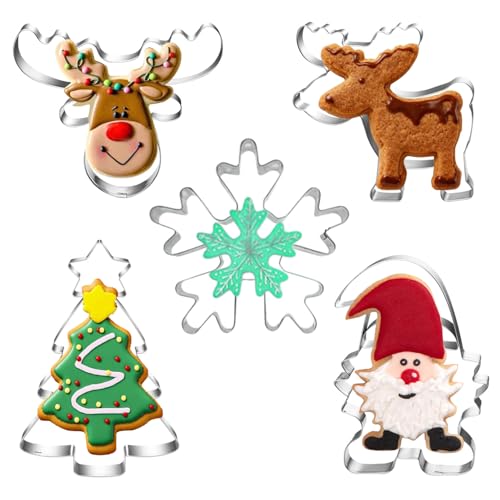 5 pièces Emporte-pièces Noël, Emporte-pièces pour biscuits Noël, Emporte-pièces pour biscuits, Emporte-pièces Noël, Père Noël, Sapin de Noël, Ensemble de tête de renne à flocons de neige pour la