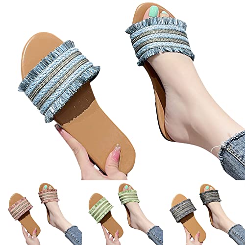 Women Slippers Summer New Pattern Linen Fashion Simple Flat Bottom Large Size Comfortable S Slip on Slippers (Blue, 6.5)2